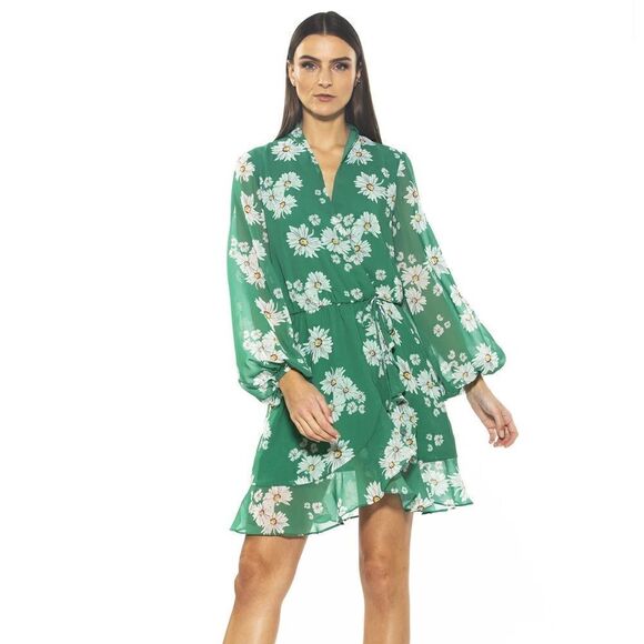 Alexia Admor Kathlyn Blouson Ruffle Skirt Dress In Green Daisy Size 2 - Picture 1 of 11